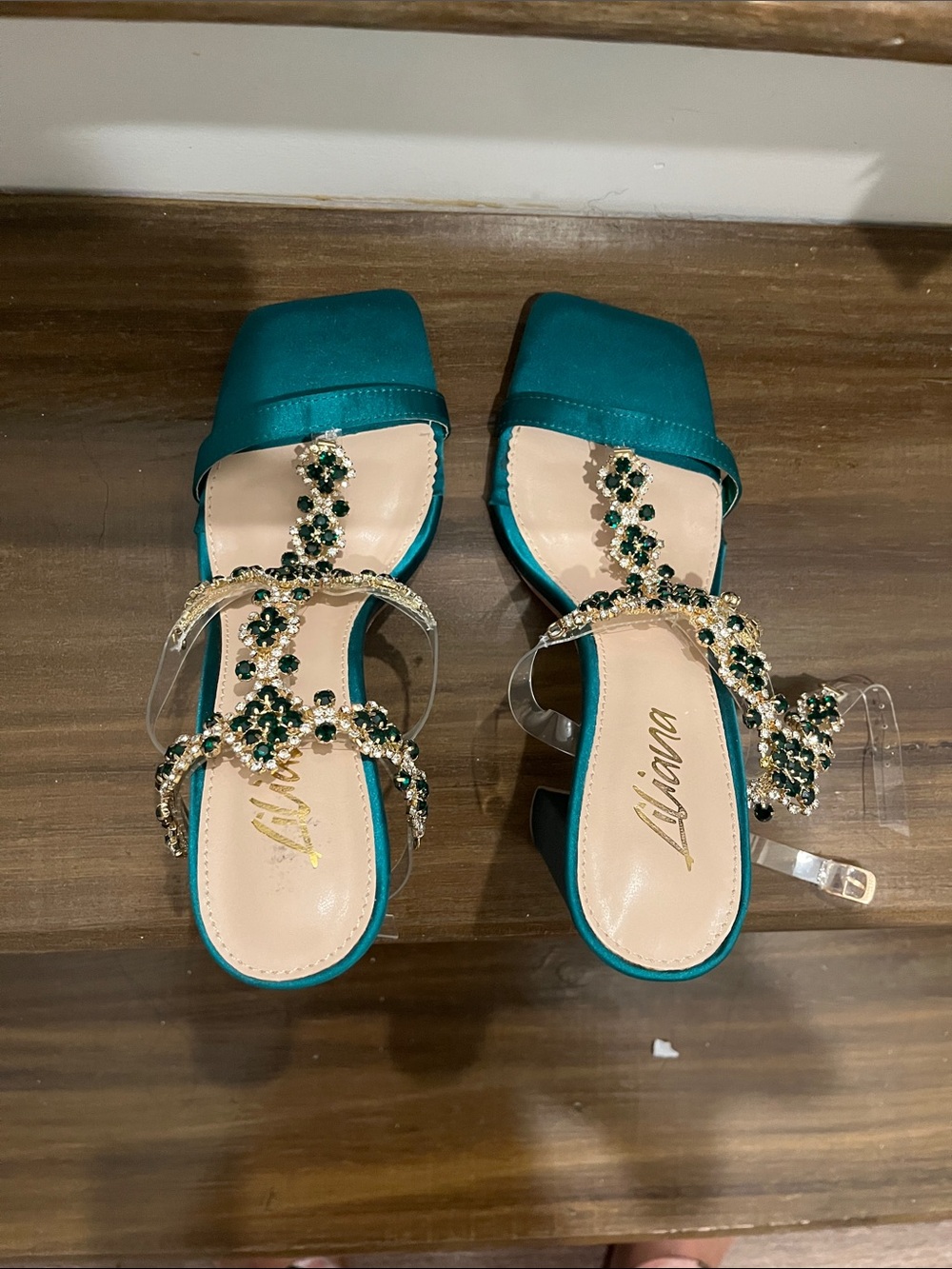 Liliana Teal Jeweled Slide Mules